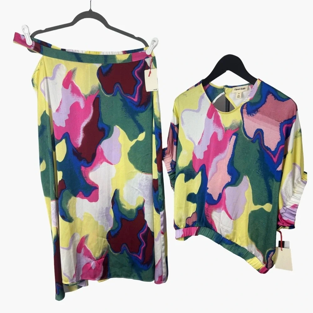 Open Edit Cutout Waist Yellow Color Fusion 2 Piece Set‎ Top and Midi Skirt Sz 1X